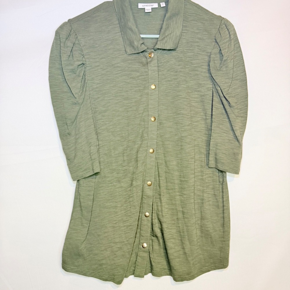 Chico's Sage Green Slub Knit Puff Shoulder Button Down Tunic Top Size 2 L